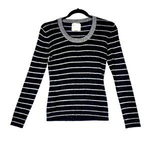 Vintage Silver Lurex & Black Sparkly Striped Top Sweater Stretchy Small